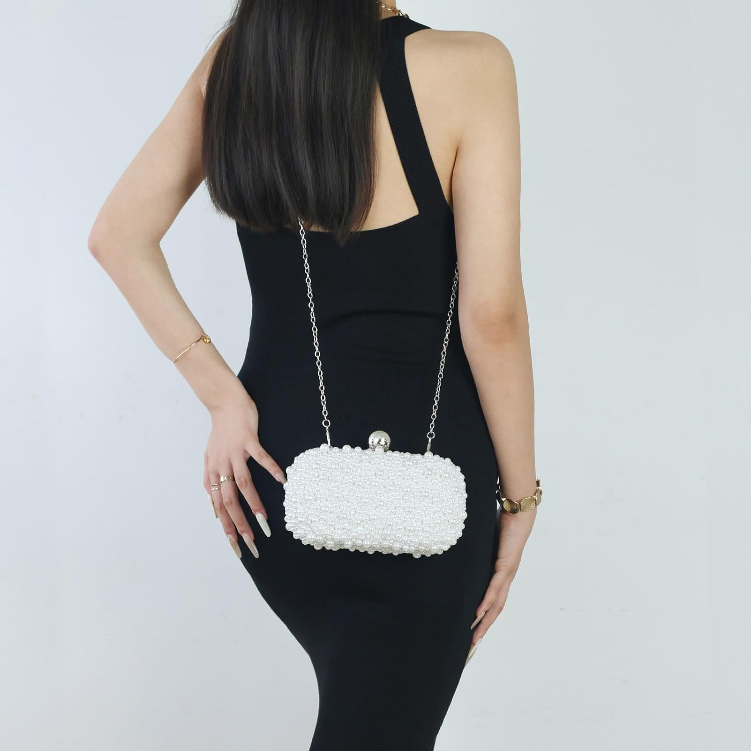Women Pearl Clutches Noble Crystal Beaded Evening Handbag Chain Strap Shoulder Bag For Wedding Bridal Party Prom