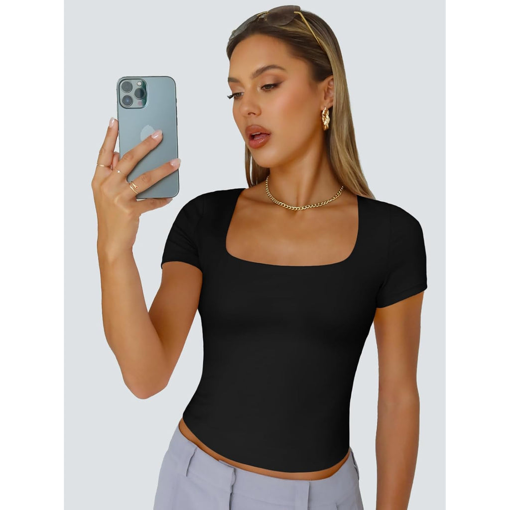 Double Lined Short Sleeve Tshirts for Women Square Neck Cute Crop Top Spring Summer Basic Tees Workout Going Out
