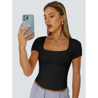 Double Lined Short Sleeve Tshirts for Women Square Neck Cute Crop Top Spring Summer Basic Tees Workout Going Out