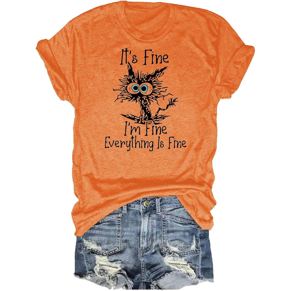 Women's I'm Fine Everything is Fine T-Shirts Short Sleeve Sayings Oversized Casual Cute Cat Graphic Tee Blouse Tops
