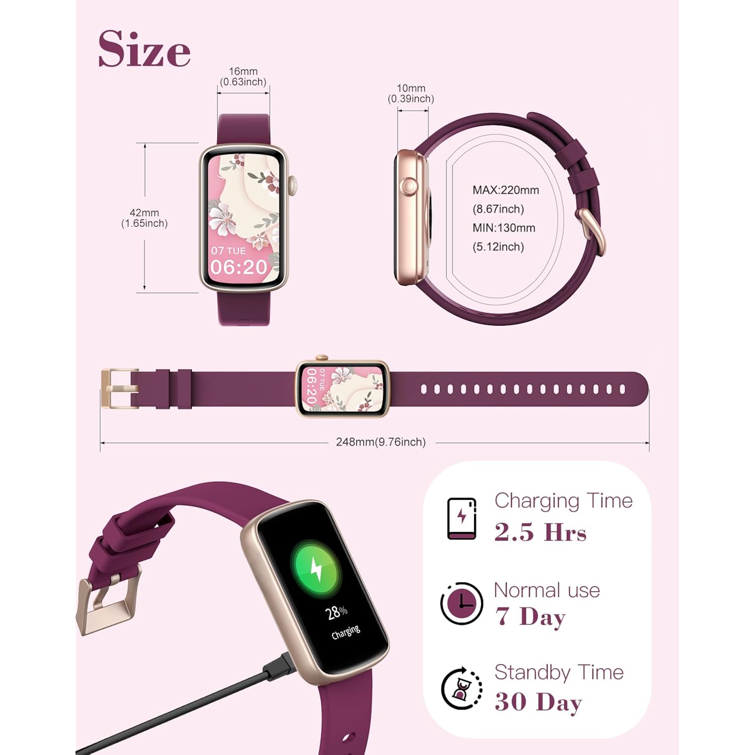 Fitness Watches for Women, LYNN2 Fitness Tracker with Heart Rate Monitor Blood Oxygen/Sleep Tracker Pedometer, Slim Step Tracker Watch for iOS/Android Phones Waterproof (Purple)
