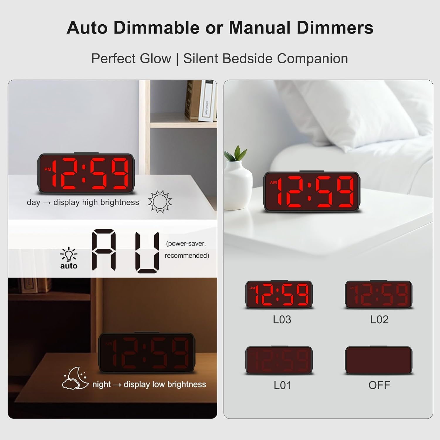 Peakeep Small Battery Powered Digital Alarm Clock | Cordless Home Travel Portable, 1.65" Large Numbers Auto Brightness, Led Display 4 Dimmers, 5 Volumes