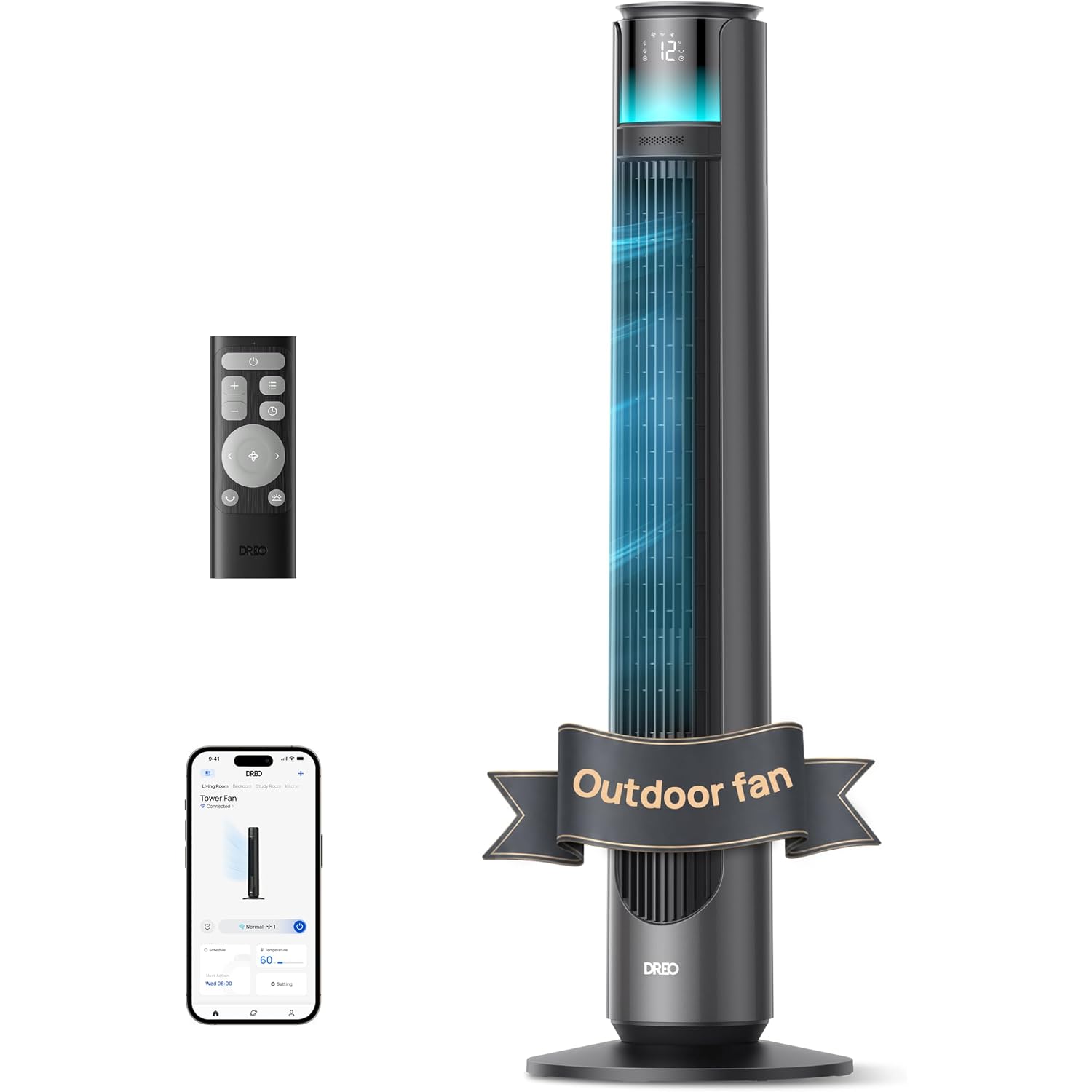 Dreo Smart Tower Fan For Indoor & Outdoor Use, 33 Ft/S High Velocity, 20 Db | 12 Speeds, 4 Modes, 150° Customizable Oscillating Floor Fan, Standing Fan For Bedroom, Weather Resistant, Dc Motor, Grey