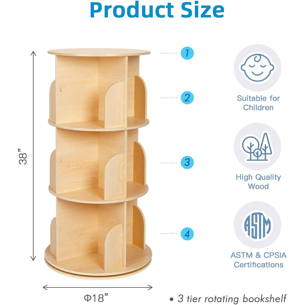 Oook Kids Rotating Bookshelf, Small Corner Bookshelf For Small Space, 360° Display 3 Tier Floor Standing Bookcase Storage Rack, Wooden Narrow Bookcase Organizer For Bedroom, Living Room