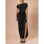 Floerns Women'S Elegant Long Dress Asymmetrical Off Shoulder Ruched Slit Bodycon Cocktail Dresses