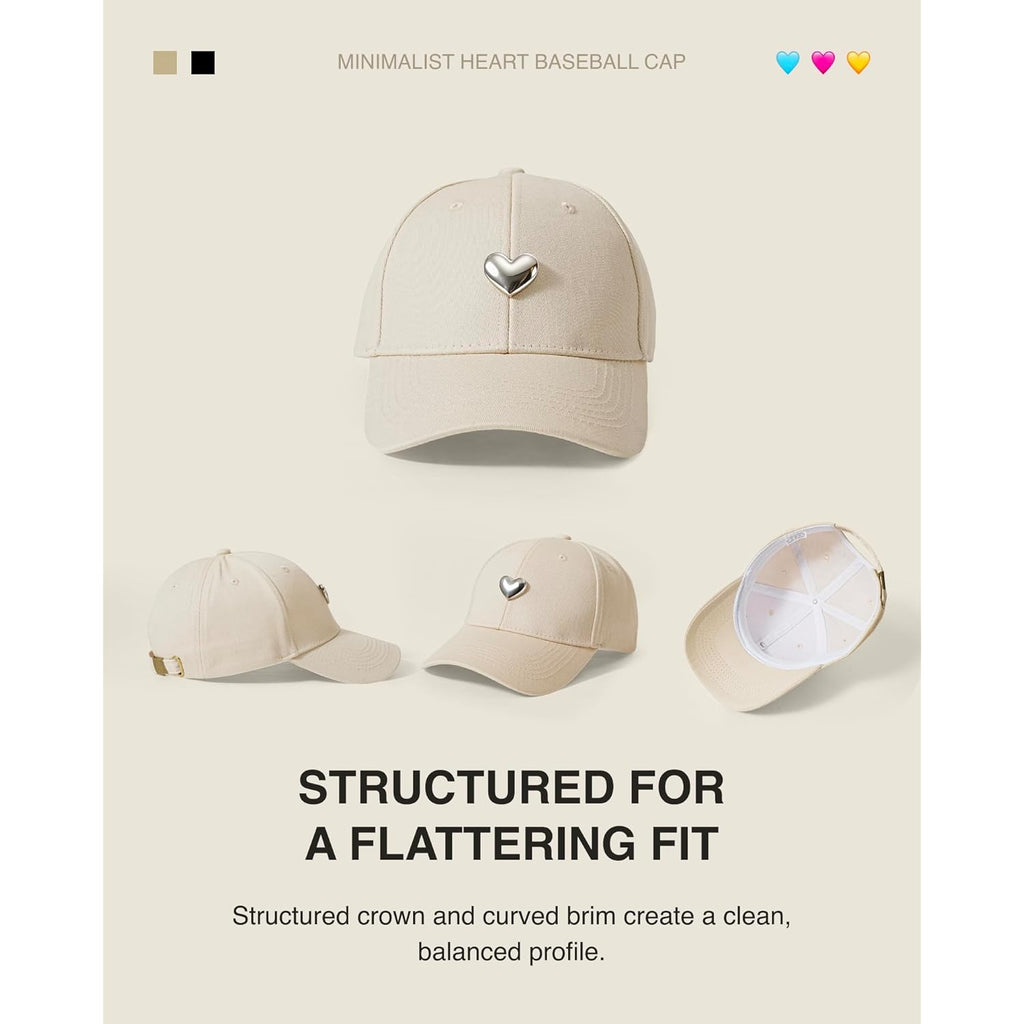 Jeasona Cotton Baseball Cap with 3D Metal Heart Accent - Adjustable, Chic & Minimalist Dad Hat for Hiking & Casual Wear