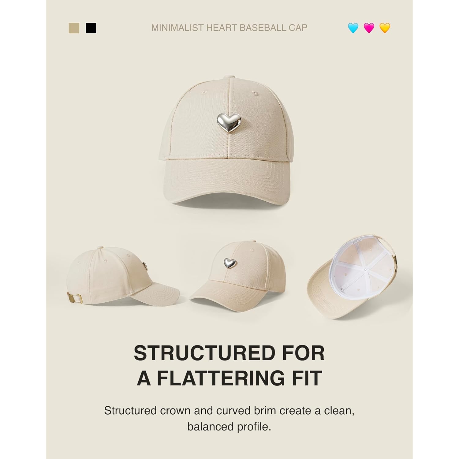 Jeasona Cotton Baseball Cap with 3D Metal Heart Accent - Adjustable, Chic & Minimalist Dad Hat for Hiking & Casual Wear