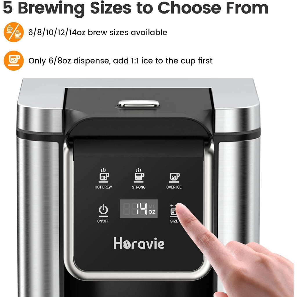Horavie Single Serve Coffee Maker For K-Cup Pod And Grounds, Hot & Iced Coffee Maker, Strong Button Feature, 6 To 14Oz Brew Sizes, 50Oz Removable Reservoir, Fit 6.5" Mugs, Stainless Steel, Black