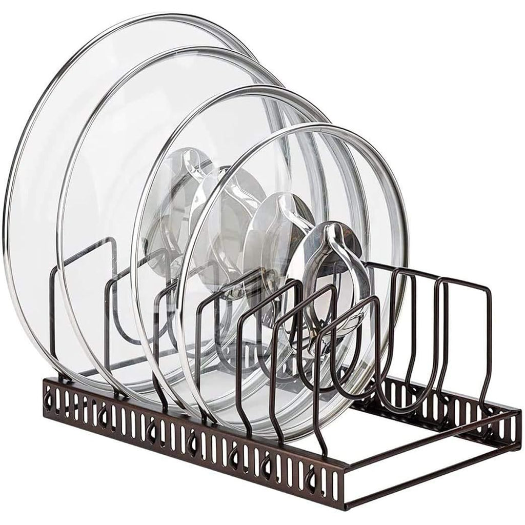 Toplife Pot Lids Organizer Rack For Cabinet And Countertop, 7+ Pan Lids And Bakeware Organizer Rack Holder With 7 Adjustable Compartments - Brown