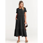 Anrabess Womens 2026 Summer Casual Maxi Dress A Line Tiered Flowy Short Sleeve Crewneck T Shirt Beach Travel Long Dresses