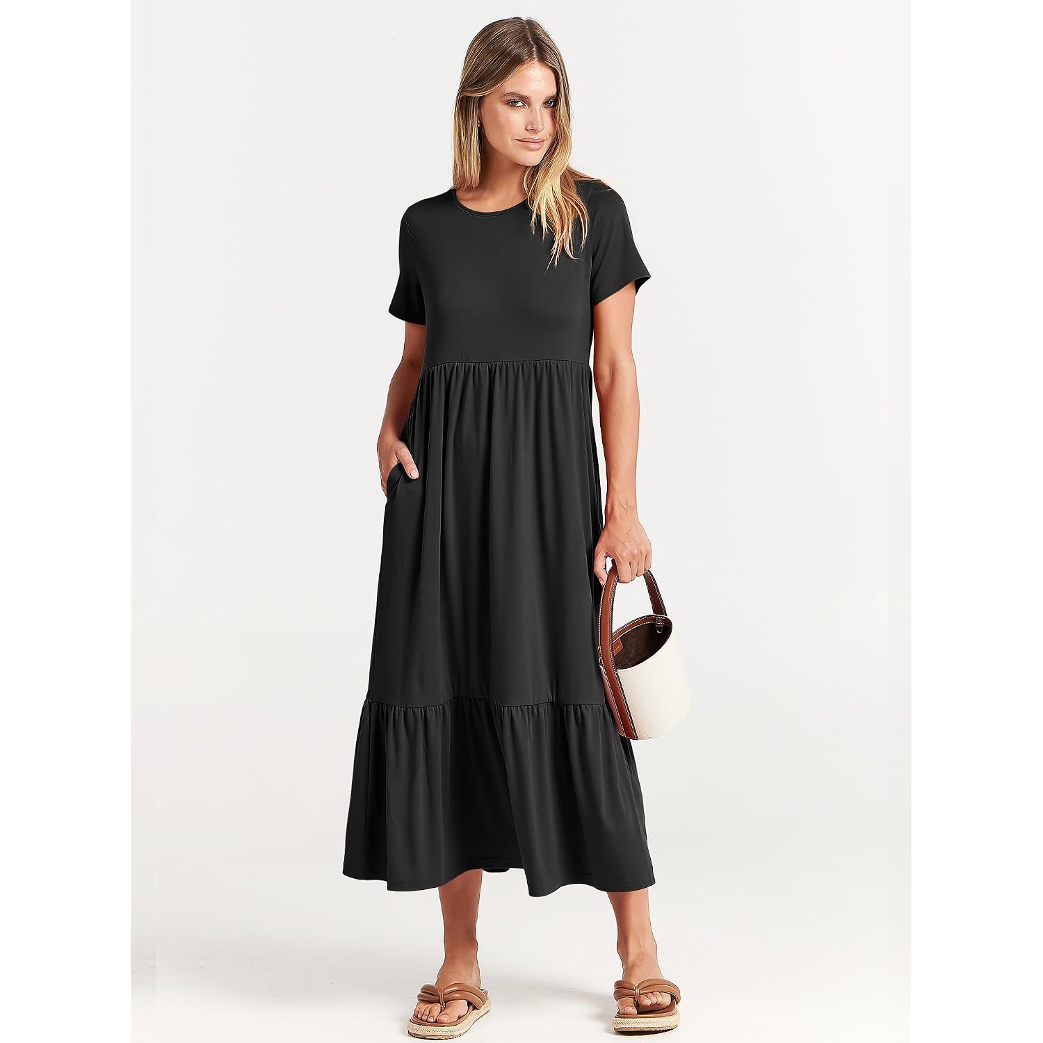 Anrabess Womens 2026 Summer Casual Maxi Dress A Line Tiered Flowy Short Sleeve Crewneck T Shirt Beach Travel Long Dresses