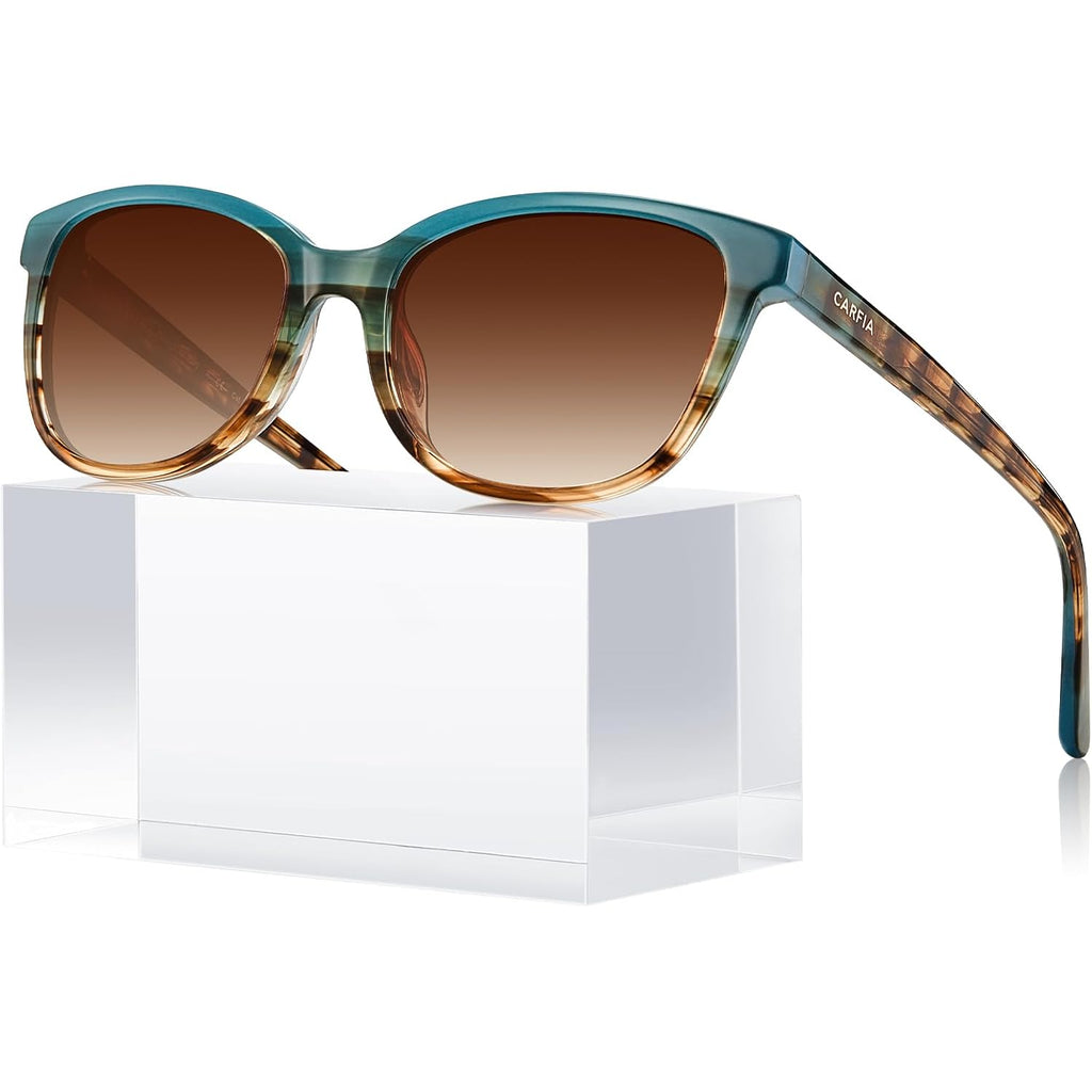CARFIA Designer Acetate Womens Polarized Sunglasses Fit Most Face Shapes Trendy Shades UV Protection Hypoallergenic Handmade 1. Blue&brown Floral Frame Gradient Brown Lens