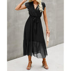 Btfbm Women Summer Bohemian Floral Casual Wrap V Neck Ruffle Cap Sleeveless Belt A-Line Pleated Hem Midi Sun Dress White