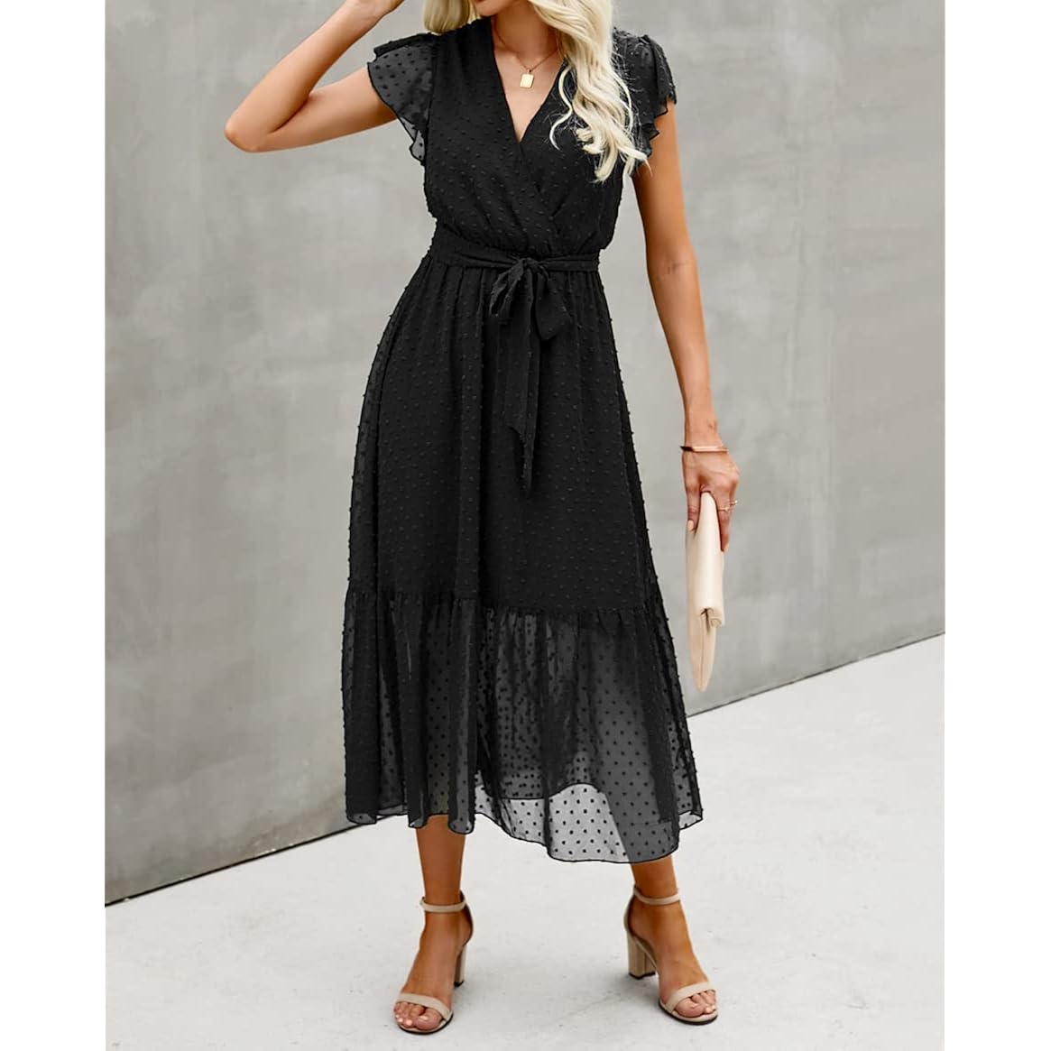 Btfbm Women Summer Bohemian Floral Casual Wrap V Neck Ruffle Cap Sleeveless Belt A-Line Pleated Hem Midi Sun Dress White