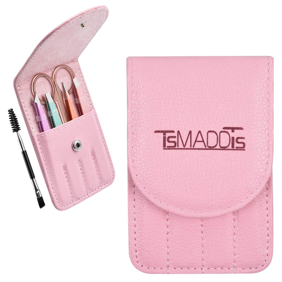 TsMADDTs 6 pcs Tweezers Set for Women, Eyebrow Tweezers with Curved Scissor for Ingrown Hair, Hair Plucking Daily Beauty Tools with Leather Travel Case