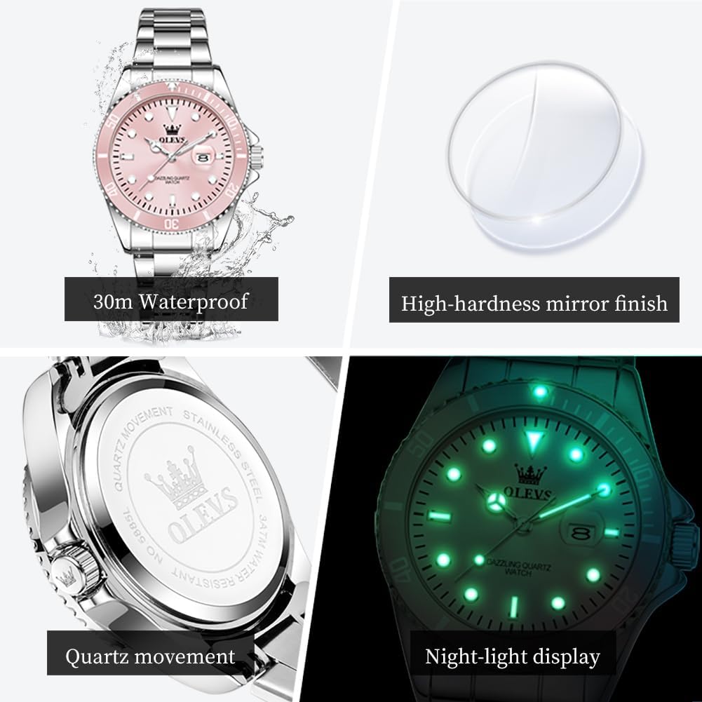 Olevs Womens Watch Classic Dress Number Female Watches For Ladies Analog Quartz Stainless Steel Waterproof Luminous Day Date Two Tone Easy To Read Wristwatch