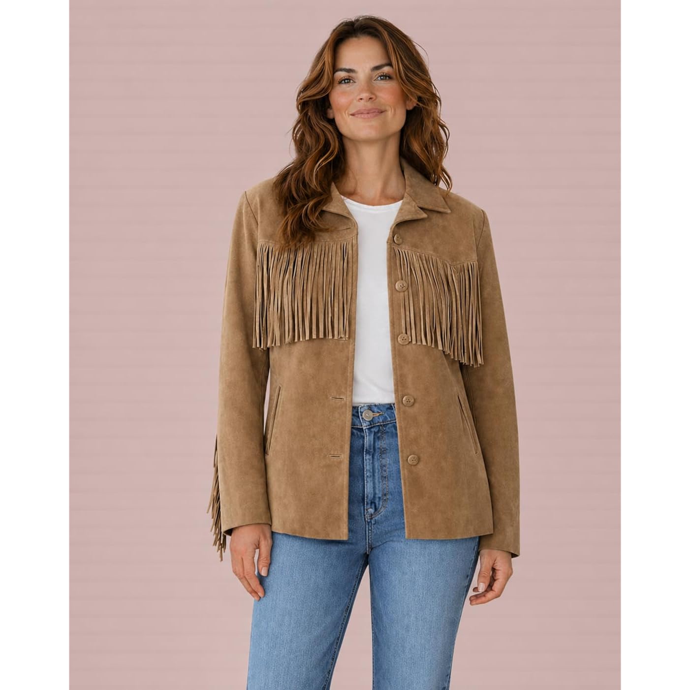 Women’S Buffalo Suede Fringe Jacket, Genuine Leather Western Cowgirl Boho Coat Vintage Style