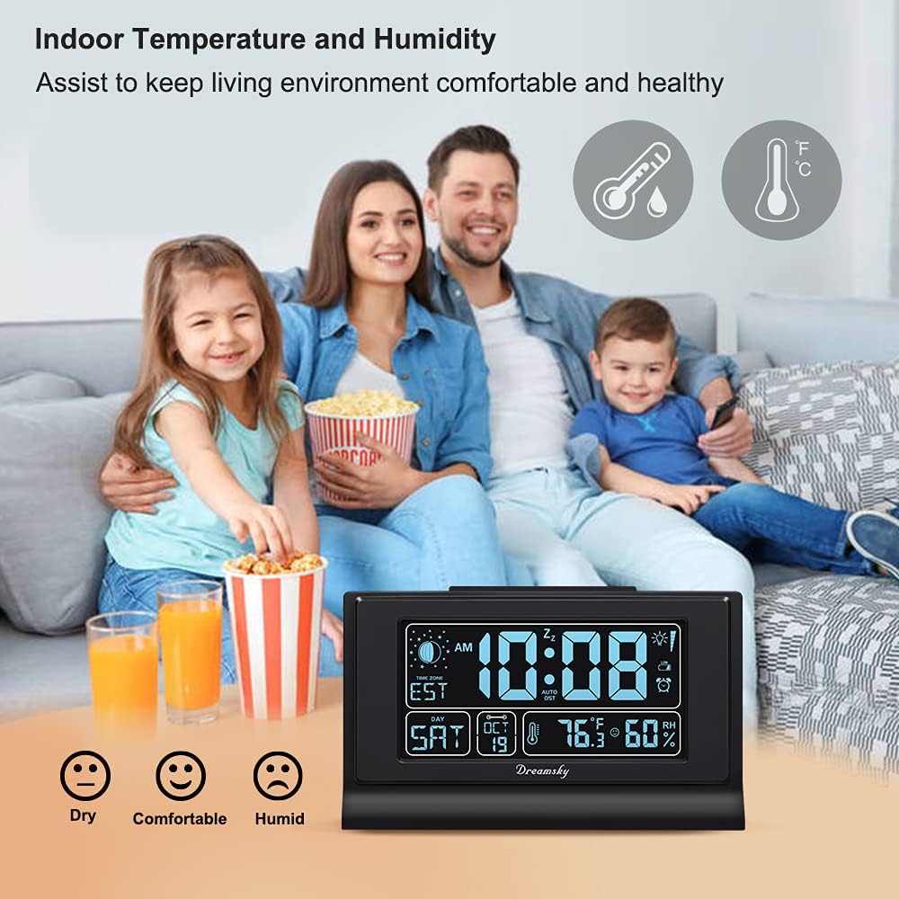 Dreamsky Alarm Clocks For Bedrooms With Battery Backup, Auto Set | Digital Clock With Date And Day Of Week, Indoor Temperature Humidity, Moon Phase, Dimmer, Auto Dst, Usb Port