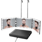 Vanexiss Rechargeable 3 Way Mirror For Self Hair Cutting-To See Back Of Head, Trifold Mirror With 8 Light Strips & Telescoping Hooks For Makeup, Shaving & Styling