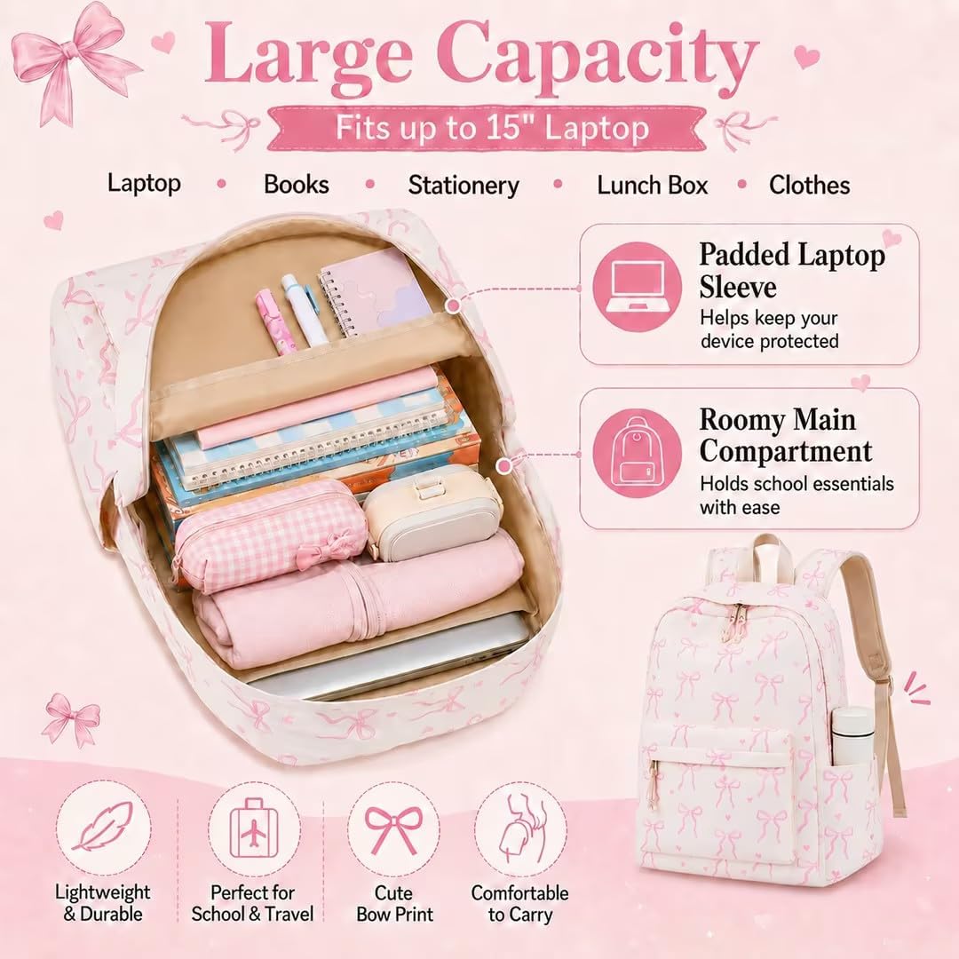 Backpack For Girls School Backpacks Bookbags For Elementary Middle School Women Laptop Backpacks (Bow Tie Beige, L-17)