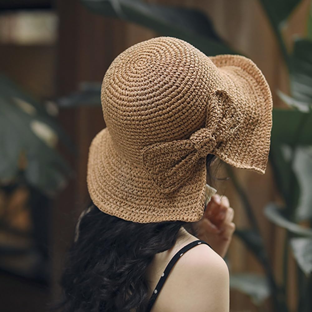 Foldable Wide Brim Floppy Straw Beach Sun Hat,Summer Bucket Cap with Bowknot for Women Girls Khaki