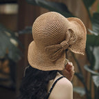 Foldable Wide Brim Floppy Straw Beach Sun Hat,Summer Bucket Cap with Bowknot for Women Girls Khaki