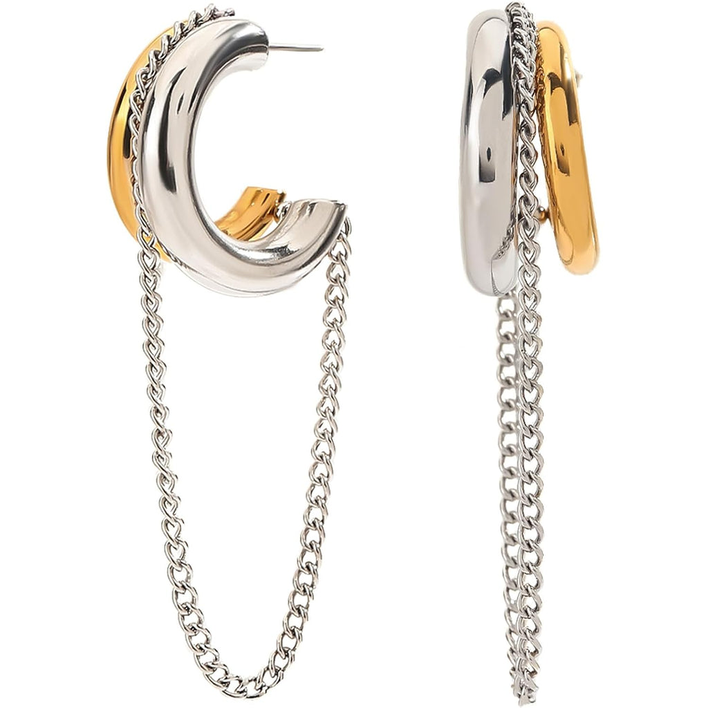 Gold and Silver Tassel Chain Hoop Earrings for Women Trendy Two Tone Dangling Chain Earrings Hypoallergenic Fashion Jewelry Gifts