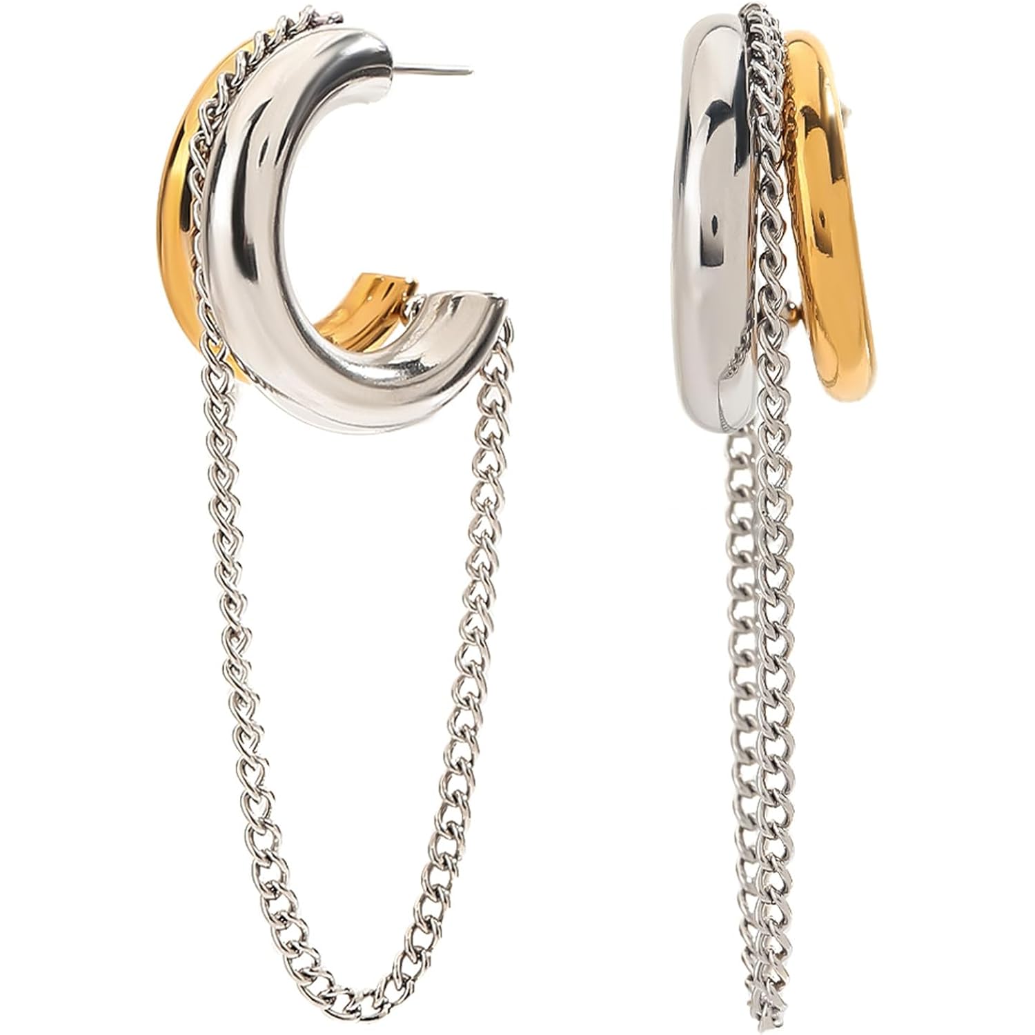 Gold and Silver Tassel Chain Hoop Earrings for Women Trendy Two Tone Dangling Chain Earrings Hypoallergenic Fashion Jewelry Gifts