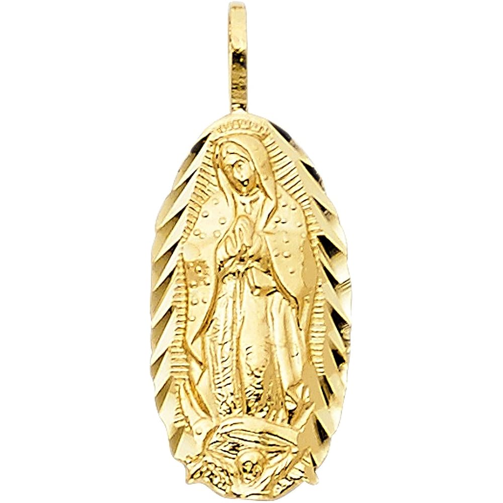 14K Yellow Gold Our Lady of Guadalupe Charm Pendant with 1.2mm Singapore Chain Necklace