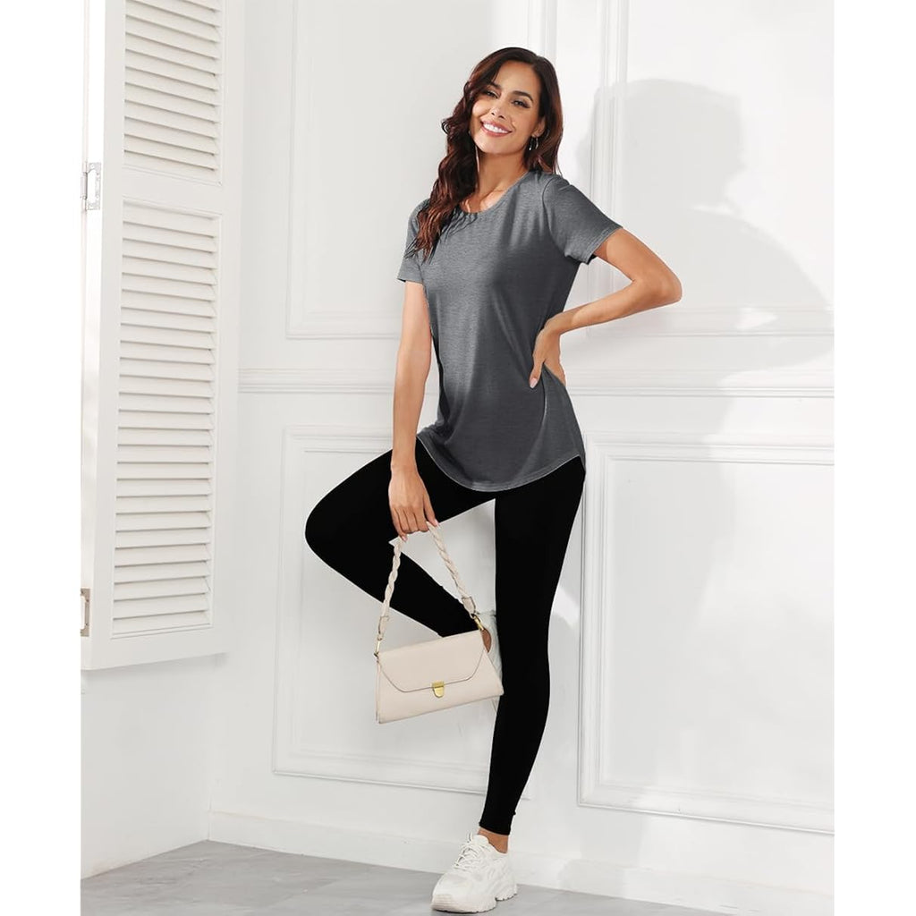 Smile Fish Women Crewneck Loose Fit Tunic Tops Short Sleeve Dressy Casual Summer Long Tee Shirts