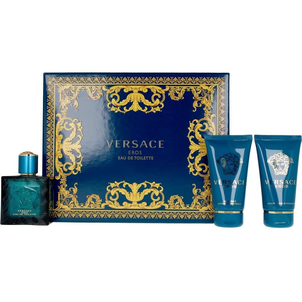 Versace Eros for Men - 3 Pc Gift Set, 1.7 oz EDT Spray, Comfort After Shave Balm, Invigorating Shower Gel