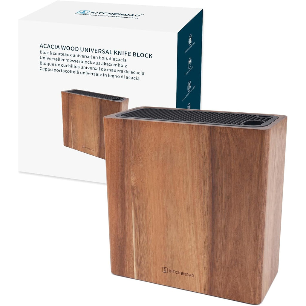 KITCHENDAO XL Acacia Wood Universal Knife Block with Slots for Scissors and Sharpening Rod, Safe, Space Saver Knives Storage Stand Display without Knives, Unique Slot Design to Protect Blade