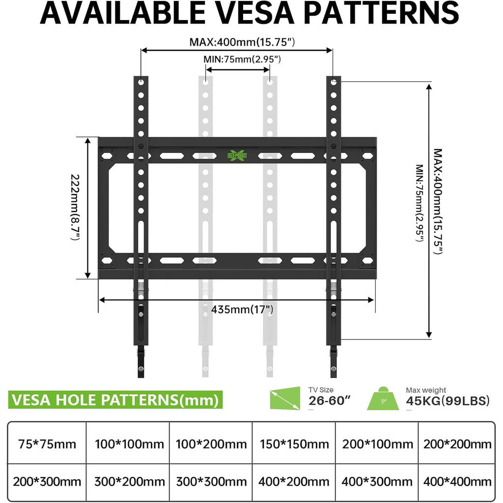 Usx Mount Fixed Tv Wall Mount With Low Profile For Most 26-55 Inch Led, Lcd And Flat Screen Tvs, Tv Mount Bracket With Vesa Up To 400X400Mm And Weight Capacity 99Lbs,And Space Saving Tv Bracket