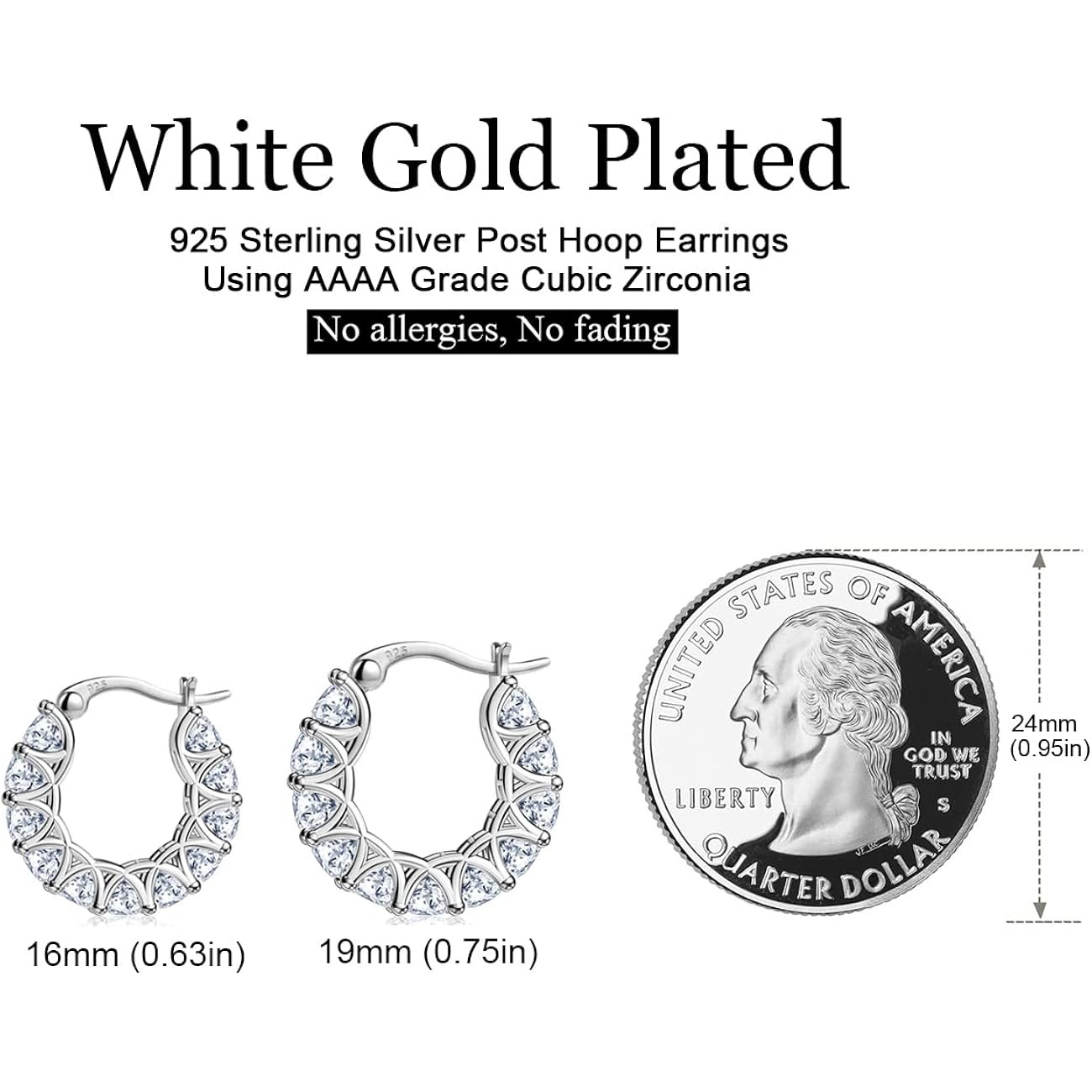 Sterling Silver Cubic Zirconia Hoop Earrings and 14k Gold Earrings, Hypoallergenic Diamond Huggies Earrings for Women