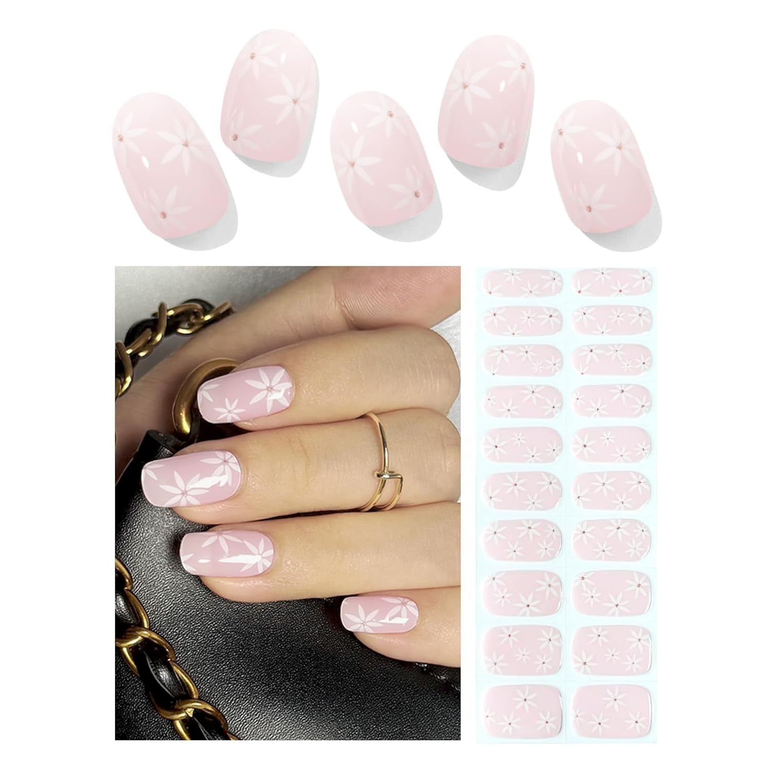 Semi Cured Gel Nail Strips, Pink Summer Flower 20pcs Semi Cured Gel Nails Sticker, Gel Nail Wraps UV for Home Nails DIY