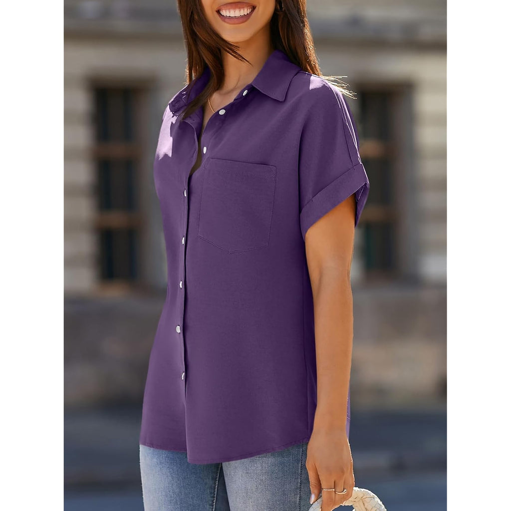Beautife Button Down Shirts For Womens Short Sleeve Blouses V Neck Collared Casual Summer Tops With Pockets