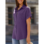 Beautife Button Down Shirts For Womens Short Sleeve Blouses V Neck Collared Casual Summer Tops With Pockets
