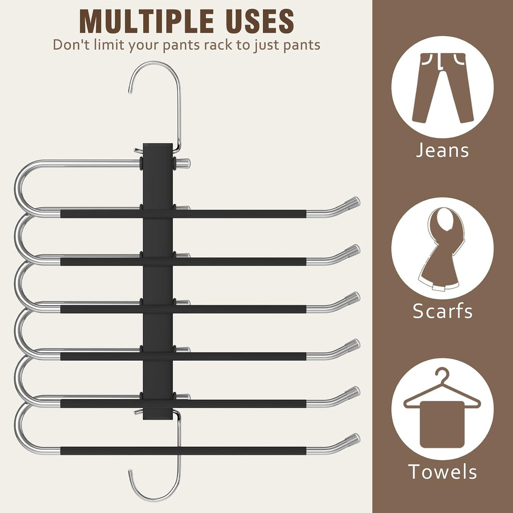 Space Saving 6 Tier Pant Hangers, Anti-Slip, Stainless Steel, 2 Pack, Black