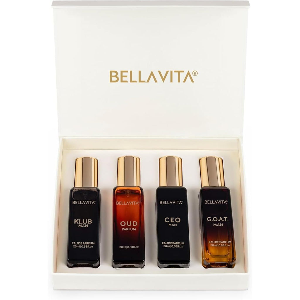 Bellavita Luxury Men's Perfume Gift Set with CEO Man, G.O.A.T., Klub, and Oud | 80ml | Perfume for Men | Lavender, Patchouli, Lemon, and Caramel Notes | Long Lasting Men's Fragrance