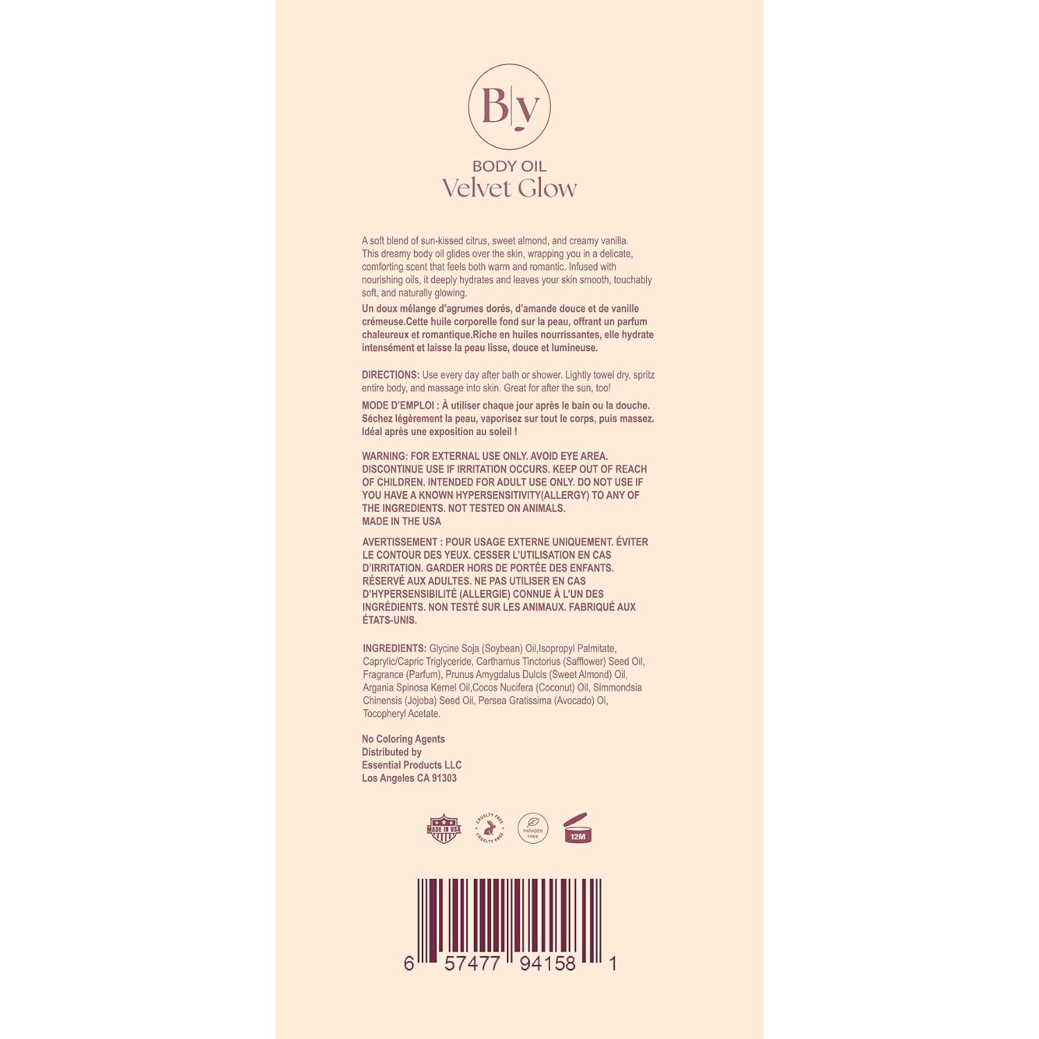Velvet Glow Hydrating Body Oil 7Fl Oz Moisturizer For Dry Skin, Natural, With Argan Oil, Body Serum, After Shower Oil, Vegan, Nourishing, Clean Beauty, Paraben+Silicone Free, Vitamin E