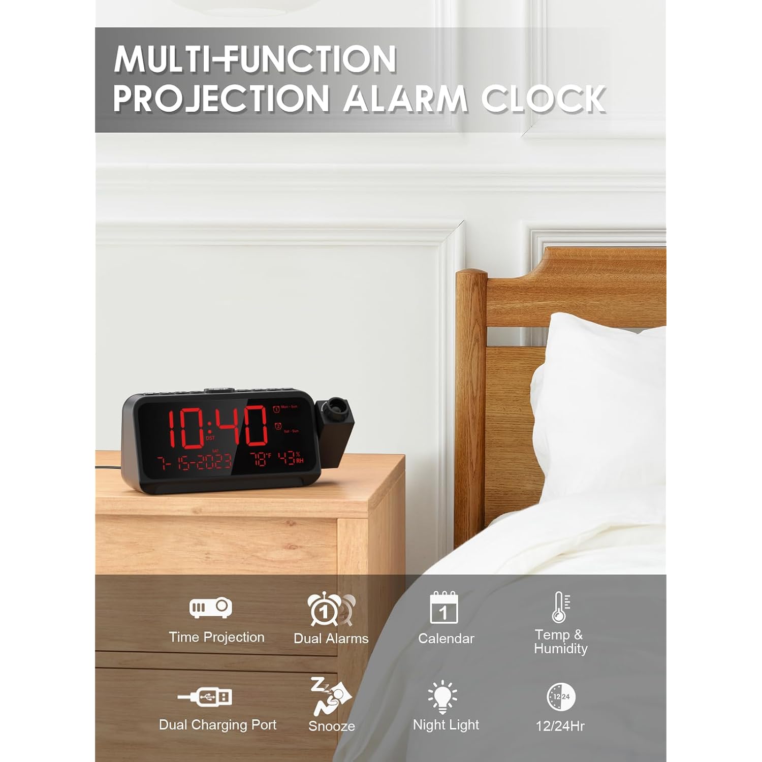 Projection Alarm Clock With 180° Ceiling Projector & Digital Display | 5-Level Dimmer, Dual Alarms, Night Light, Temp & Humidity Display, Weekday/Weekend Mode, Dst, Snooze Function For Bedroom