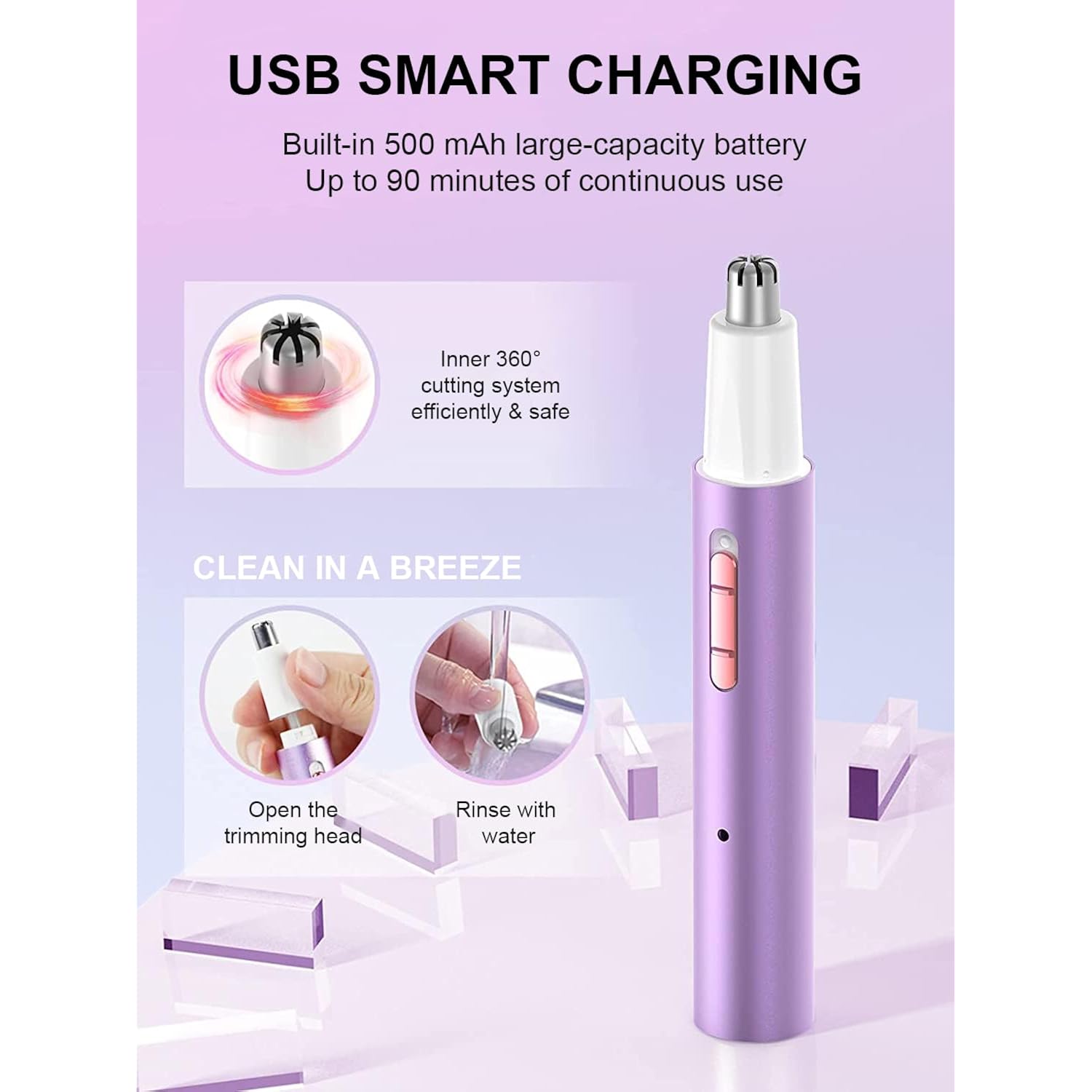 Ginity Ear and Nose Hair Trimmer for Women & Men, 2-in-1 Rechargeable Painless Facial & Eyebrow Hair Remover Tool, Electric Clipper with Dual-Edge Blades, Easy to Clean