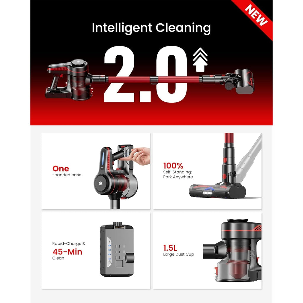 Chebio Lightweight Cordless Vacuum Cleaners For Home, Stick Vacuum Cordless Rechargeable With 45Kpa Suction,45-Min Run,Anti-Tangle And Self-Stand, 6 In 1 Hardwood Vacuum Cleaner (Red)