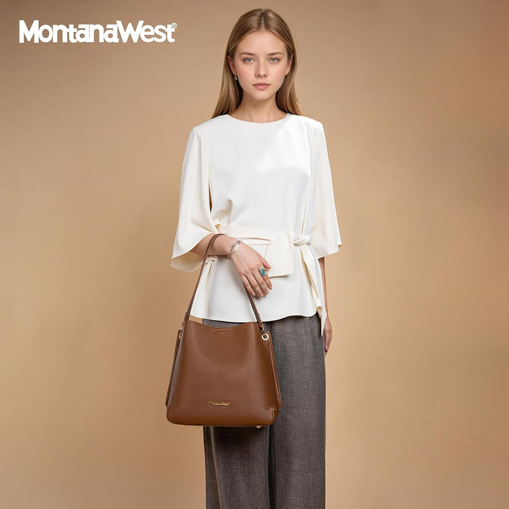 Montana West Medium Hobo Purse For Women 3 Compartment Bucket Shoulder Bag With Crossbody Strap