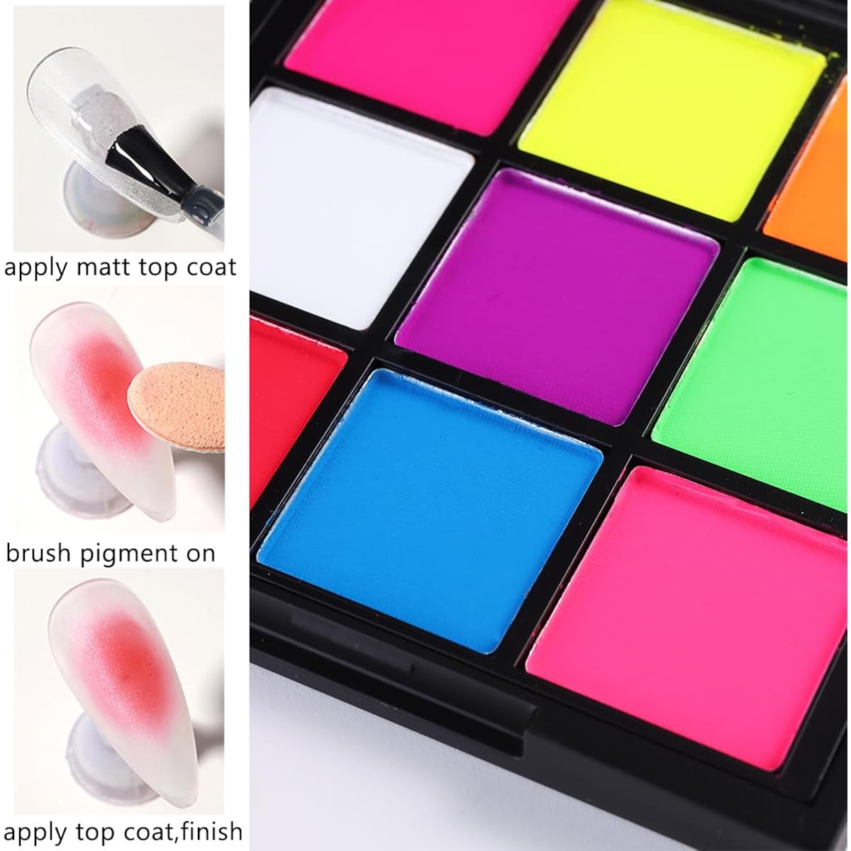 Fcozpjk Neon Nail Pigment Powder Palette, 9 Colors Solid Neon Nail Powder Phosphor Fluorescent Nail Glitter Aura Nail Summer Decoration Ombre Gradient Design Rub Dust Manicure Pigmentos para Uñas
