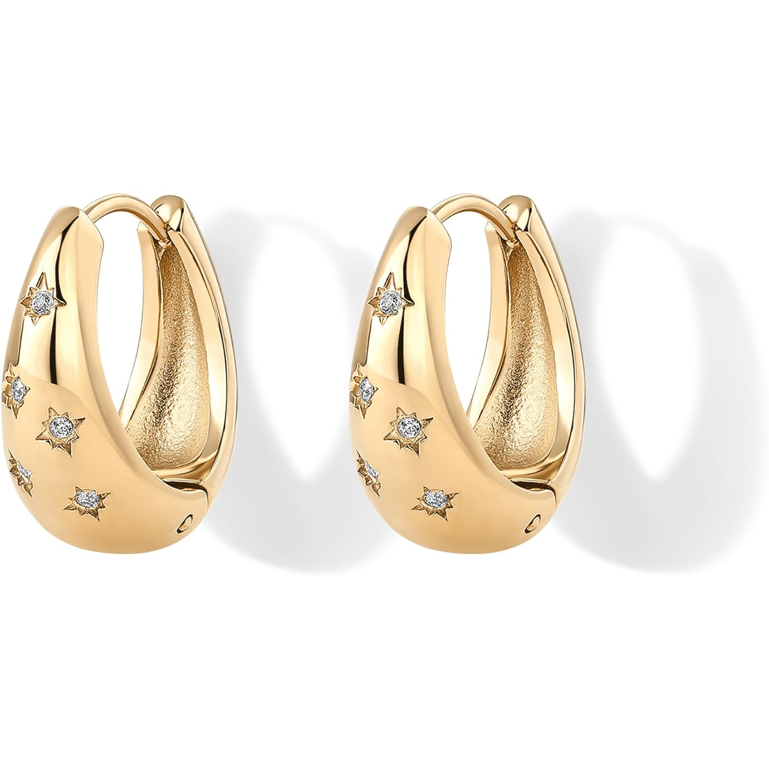PAVOI Waterproof Gold Hoop Earrings for Women - 14K Gold Plated Chunky Huggie Hoop Earrings with Cubic Zirconia Starburst - Stainless Steel Trendy Summer Fashion Jewelry