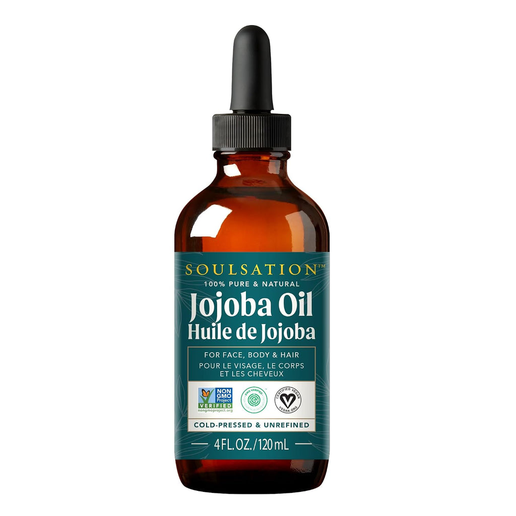 Soulsation Pure Jojoba Oil For Skin, Hair, Face & Body – 100% Natural, Cold Pressed, Unrefined | Non-Gmo, Ewg Verified, Cruelty-Free, Vegan Moisturizing Oil For Dry Skin, Scalp & Beard 4Oz