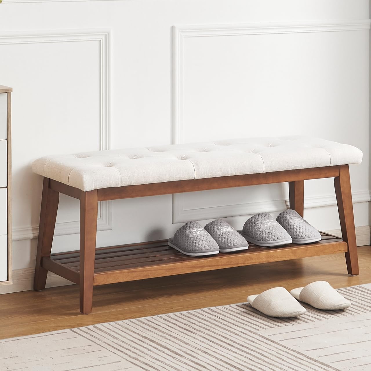 Upholstered Bench For Bedroom End Of Bed,42.5-Inch Entryway Bench For Living Room,Dining Bench With Padded Seat And Solid Wood Leg For Kitchen Bedroom,Indoor And Hallway (Shoe Bench, Beige)
