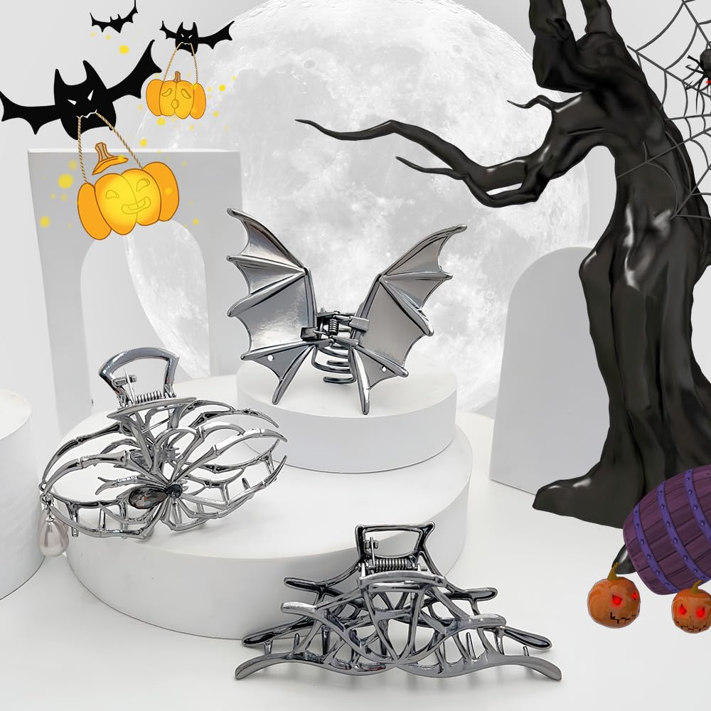 Halloween 3PCS Spider Net Bat Hair Claw Clips Hair Styling Accessories for Women Girls, Gothic Black Metal with Pearl Spooky Large Medium Size Catch Clips for thick Hair Holiday Gifts(Black Gun)
