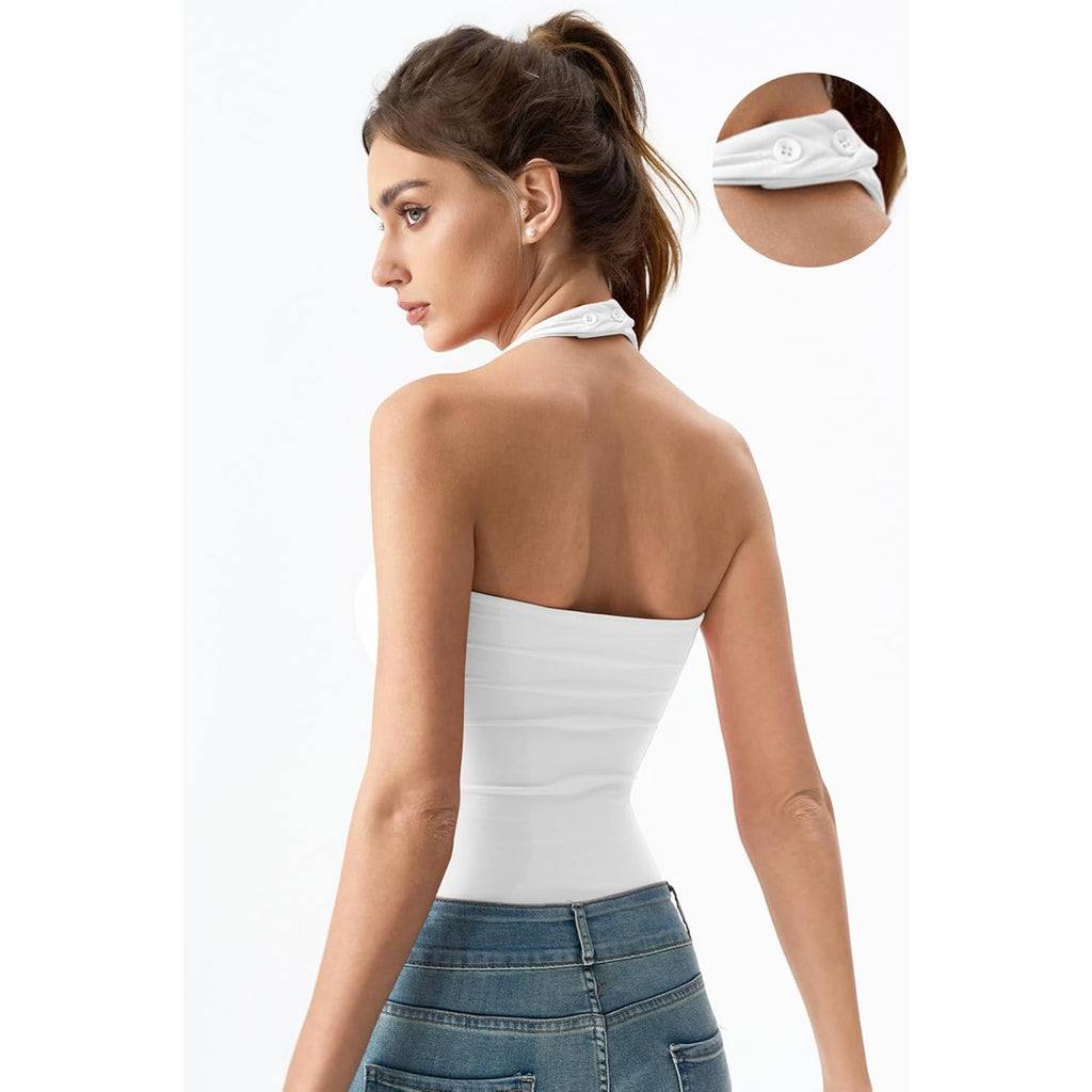 QINSEN Women's Backless Halter Tank Top Button Closure Square Neck Double Line Casual Daily Top Going Out Cami